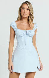 Charlotte Mini Dress - Cap Sleeve Fit And Flare Dress in Blue